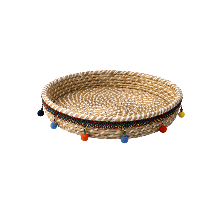 Canasta Mimbre Redonda con Borlas Coloridas 14"