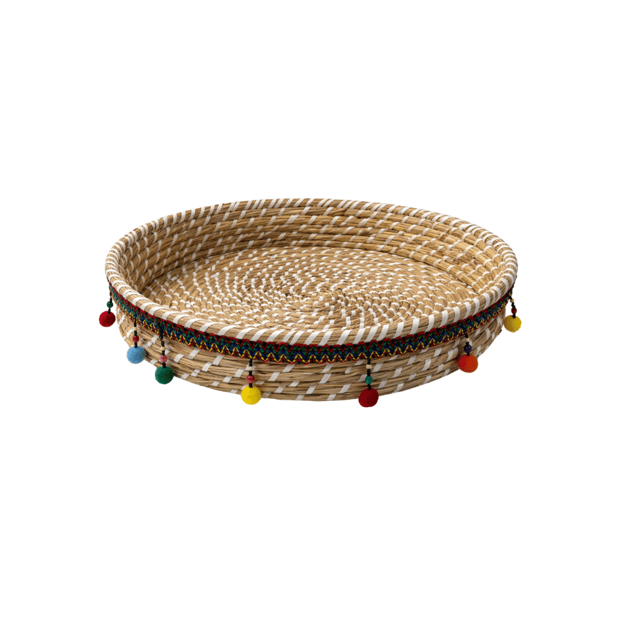 Canasta Mimbre Redonda con Borlas Coloridas 18"