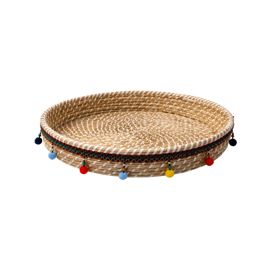 Canasta Mimbre Redonda con Borlas Coloridas 21"